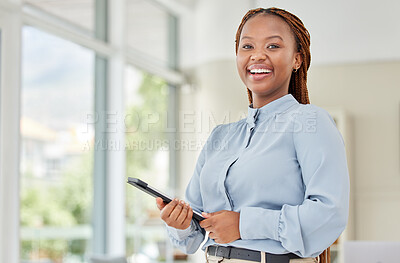Buy stock photo Happy business woman with tablet, receptionist or employee working on meeting schedule on technology. Corporate worker, smile and success in digital job in marketing, advertising or startup company
