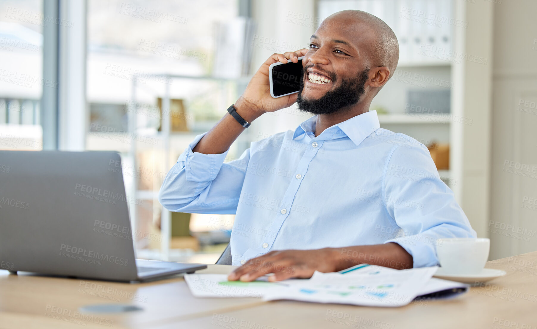 Buy stock photo Business black man talking phone call, happy communication and conversation in modern office. Smile, vision and creative african designer, entrepreneur and job worker speaking, discussion and mobile