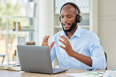 Buy stock photo Black man, laptop and call center employee talking, training and in customer service, help and contact us support. Crm consulting office worker, receptionist or telemarketing communication consultant