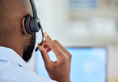 Buy stock photo Telemarketing, support consultant or call center agent with headset closeup and online computer. Consulting customer service or IT technology of crm black man talking, advice or help for contact us