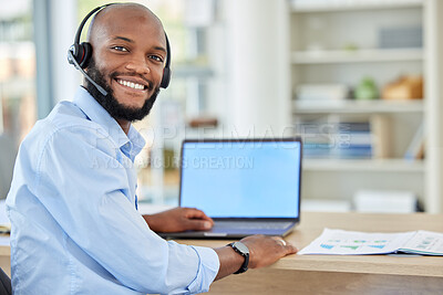 Buy stock photo Call center agent, black sales man and consulting, support or advice with headset and laptop. African, portrait and consultant, crm telemarketing and contact us, work or customer service operator.

