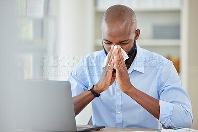 Buy stock photo Covid, flu and healthcare virus for black businessman with laptop in office, company or creative startup. Medical burnout, allergy or sick worker, desk employee or entrepreneur blowing nose on tissue