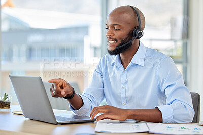 Buy stock photo Telemarketing customer service, support and tech help man worker on a online web consultation. Internet consultant and call center employee with headset doing digital, crm and contact us consulting 