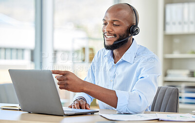 Buy stock photo Call center, black man on laptop and video call with headset consulting, customer service or support. African sales man, crm telemarketing or contact us, work or consultant operator at the office.
