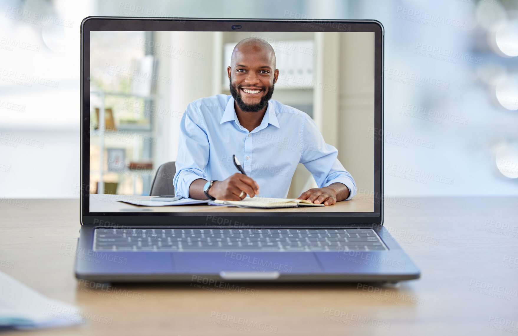 Buy stock photo Video conference, digital and laptop with businessman in meeting, planning and online on desk in office building. Video call, consulting and webinar of black man with internet, employee and virtual
