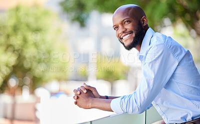 Buy stock photo Thinking, vision and business man on balcony with idea, motivation or inspiration on blurred background. Executive, boss or happy entrepreneur planning for future success, strategy or innovation.



