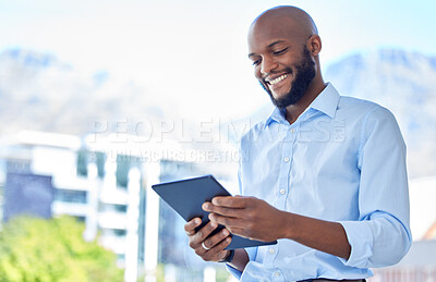 Buy stock photo Businessman with digital tablet and  happy with business progress, profit and growth while alone on office balcony. Male smile corporate executive using technology to plan success or innovate idea