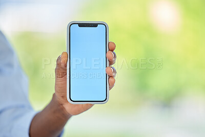 Buy stock photo Phone, blue screen and mockup space for marketing, company website and advertising brand. Zoom on worker, hand or businessman with startup logo, internet digital search or social media app background