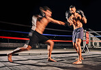 Boxing ring, boxer match and sports men energy in dark arena competition or extreme tournament battle with gloves movement. Fast player in fitness boxing or wrestling workout training in wellness gym