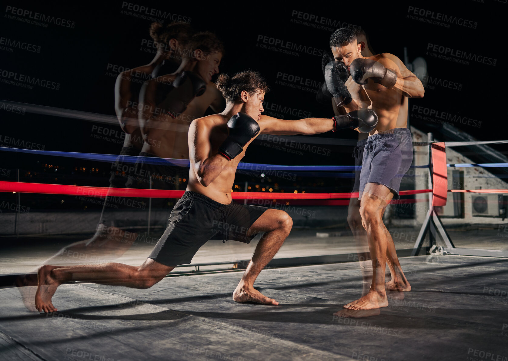 Buy stock photo Sport, boxing and fight with a boxer and coach training for health, fitness and exercise in a ring at the gym. Workout, sports and cardio with a coach and student fighting for health and cardio