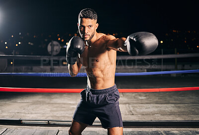 Buy stock photo Boxing ring, exercise and man or boxer in gym training for fitness, fight or workout. Sport, wellness and health with male fighter or athlete in sports club ready to train for tournament or match.