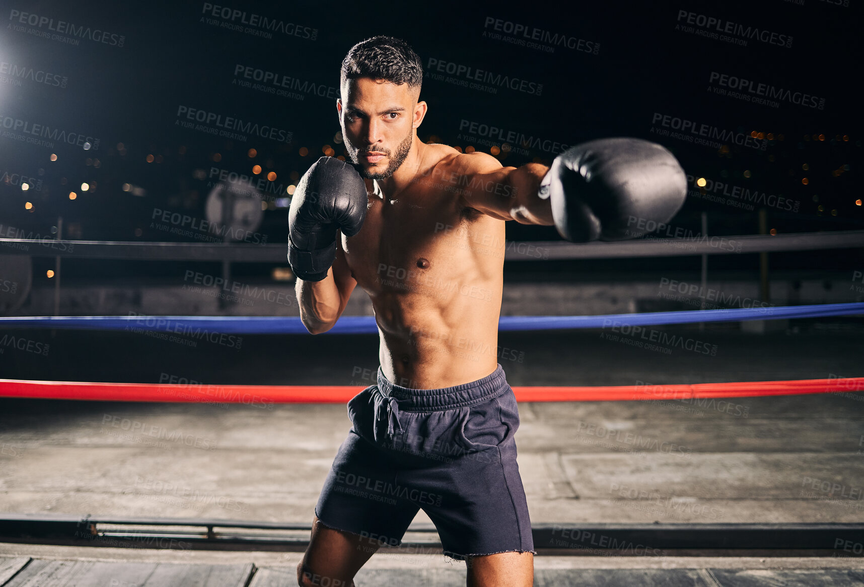 Buy stock photo Boxing ring, exercise and man or boxer in gym training for fitness, fight or workout. Sport, wellness and health with male fighter or athlete in sports club ready to train for tournament or match.
