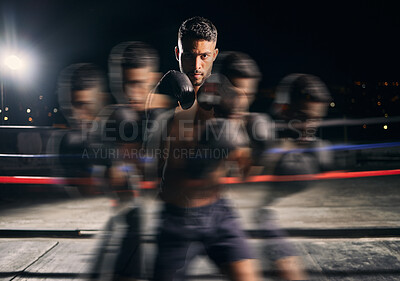 Buy stock photo Boxing exercise, fast training and boxer motivation for fitness workout, sport wellness for health and power for competition fight at gym. Portrait of athlete man moving for sports and cardio in ring