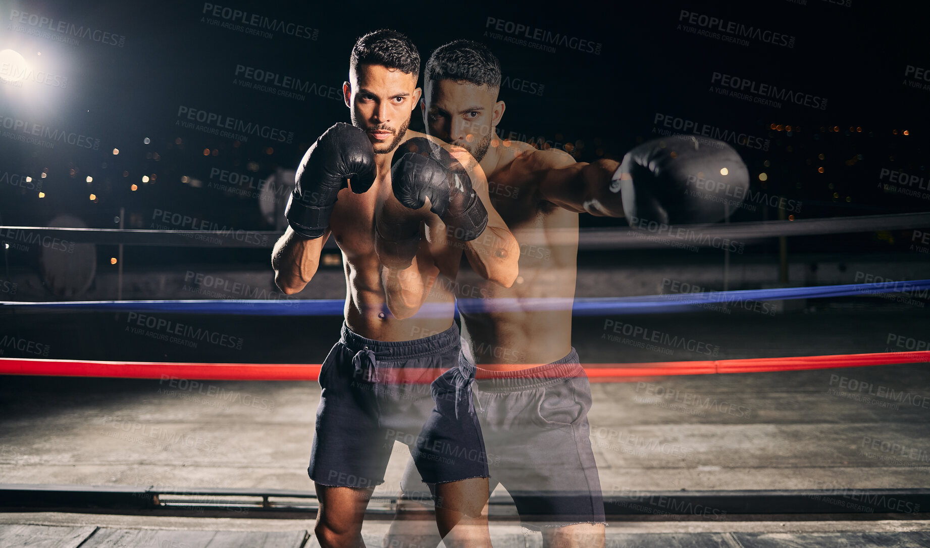 Buy stock photo Fitness, boxing and boxer in the ring training, exercise and punching with energy and power in a workout portrait. Action, performance and healthy man fighting to be a young sports champion athlete 
