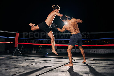 Buy stock photo Mma, muay thai and fight with a boxing coach and training for health, fitness and sport exercise in a ring at the gym. Workout, sports and cardio in a fighter match fighting for health and cardio