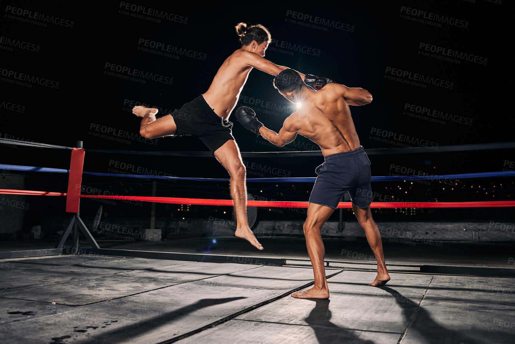 Buy stock photo Mma, muay thai and fight with a boxing coach and training for health, fitness and sport exercise in a ring at the gym. Workout, sports and cardio in a fighter match fighting for health and cardio