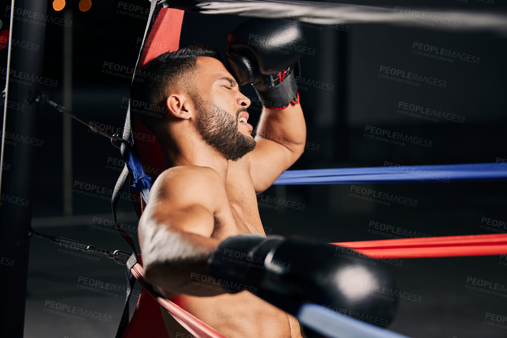 Buy stock photo Tired boxer, fitness and sports competition in boxing ring, relax during mma fight and breathing after wellness exercise training at gym. Frustrated Muay Thai athlete without energy for workout