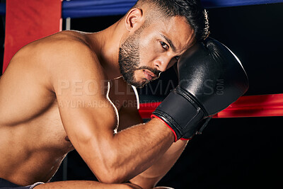 Buy stock photo Motivation, sport and boxer man focus of a sports athlete in a boxing ring ready for a match. Competitive, exercise and fitness workout portrait of a male from Guatemala in fight health training
