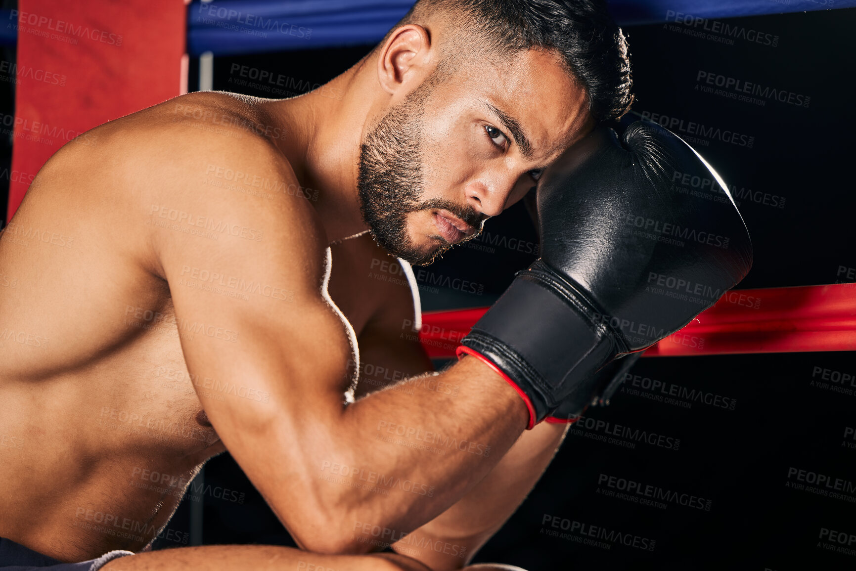 Buy stock photo Motivation, sport and boxer man focus of a sports athlete in a boxing ring ready for a match. Competitive, exercise and fitness workout portrait of a male from Guatemala in fight health training
