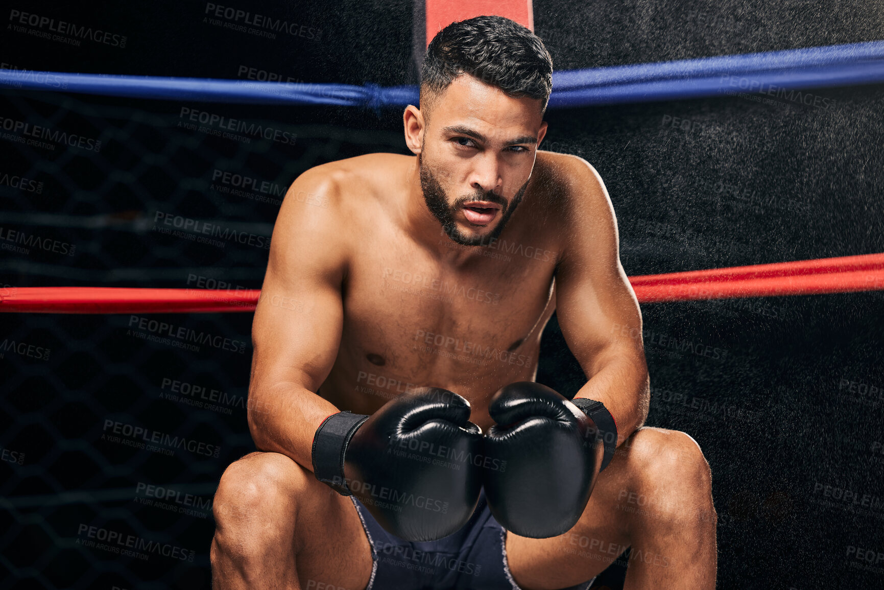 Buy stock photo Fitness, motivation and boxing man in competition ring fight at wellness gym for health exercise, training and workout. Background portrait of tired boxer with vision, winner mindset or sports goals