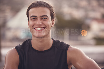 Buy stock photo Sport man from Portugal about to start fitness, exercise and training outdoors. Portrait of a happy, strong and healthy smile of a young athlete after a cardio sports workout relax with happiness 