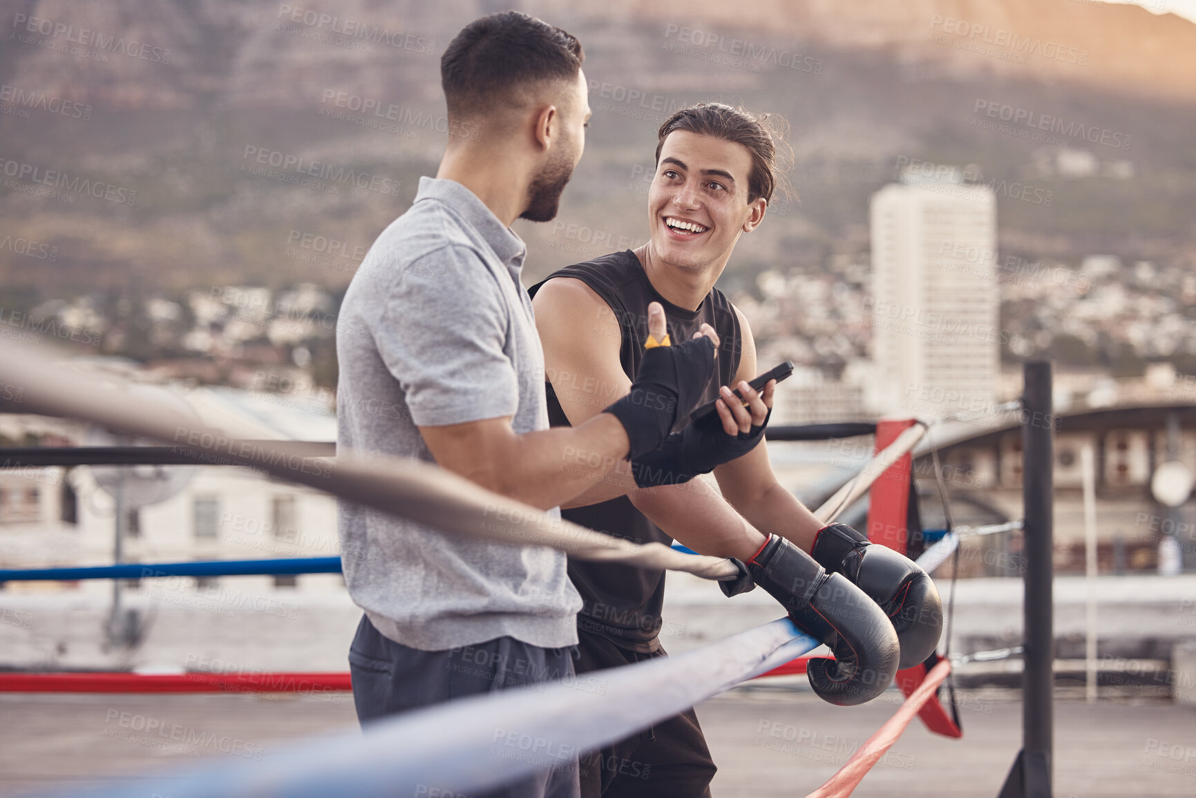 Buy stock photo Boxing ring, strong men at outdoor gym talking fight strategy for fitness motivation, coaching goal with personal trainer. Professional boxer team people or wellness workout friends in extreme sports