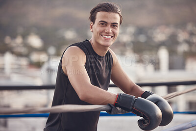 Buy stock photo Boxing ring, gloves and man portrait for fitness vision, motivation or a happy workout training outdoor. Smile of young boxer in mma wrestling sports for wellness exercise, health and strong muscles