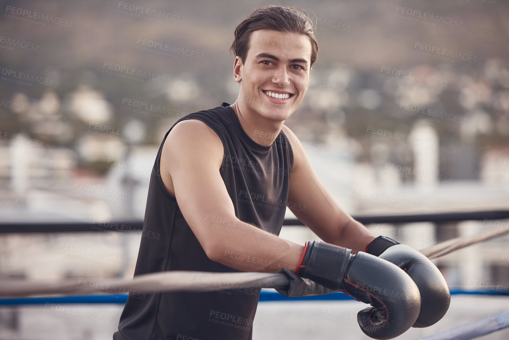 Buy stock photo Boxing ring, gloves and man portrait for fitness vision, motivation or a happy workout training outdoor. Smile of young boxer in mma wrestling sports for wellness exercise, health and strong muscles