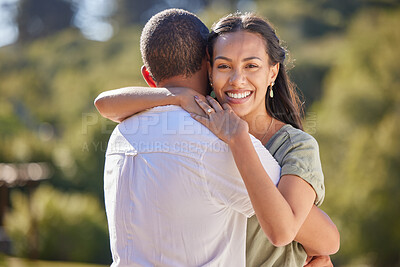 Buy stock photo Couple, love bond and hug after an engagement with wedding ring jewellery in nature, environment and peace park. Portrait of smile, happy or safety security in marriage between man and woman in trust