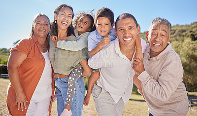 Buy stock photo Summer vacation, big family and children in park or green nature garden on blue sky mockup. Happy portrait of mother, father and grandmother with grandpa and kids at an outdoor fun adventure together