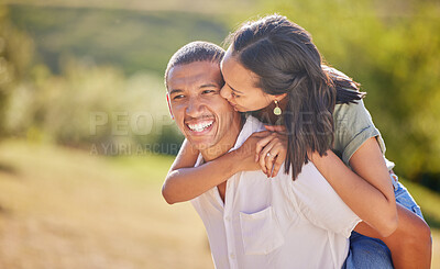 Buy stock photo Love, date and outdoor couple in park playing on holiday, vacation or healthy lifestyle with green trees, bokeh and summer sun. Happy, wellness black people piggyback ride together or nature hiking
