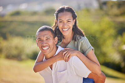 Buy stock photo Portrait, piggyback and happy couple in nature on a romantic date, vacation or walk in green garden. Love, care and smile of a husband and wife bonding in an outdoor park while on a summer holiday.
