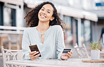 Online shopping, phone and woman doing digital credit card payment via internet at a restaurant. Happy, smile and person making a money transfer or cash send via online banking app or fintech website