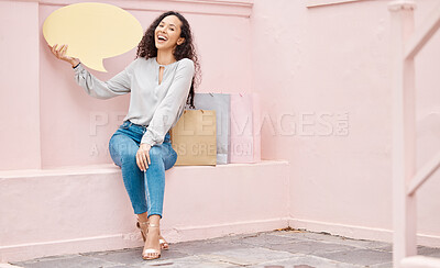 Buy stock photo Woman shopping with speech, social media announcement or speech bubble on pink wall background and mockup. Retail customer with voice, review or chatting sign for online shopping, ecommerce or retail