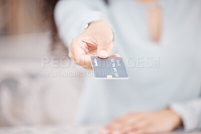 Buy stock photo Hand of woman with credit card, money or finance, payment or purchase. Investment, buying goods or online shopping girl, banking or cash, wealth or fintech, savings or economy, ecommerce or trading

