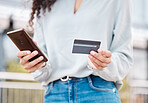 Fintech woman online shopping with phone, tech and credit card finance payment via banking app, web or internet. Ecommerce, bank and 5g network hands with digital, website and online purchase.