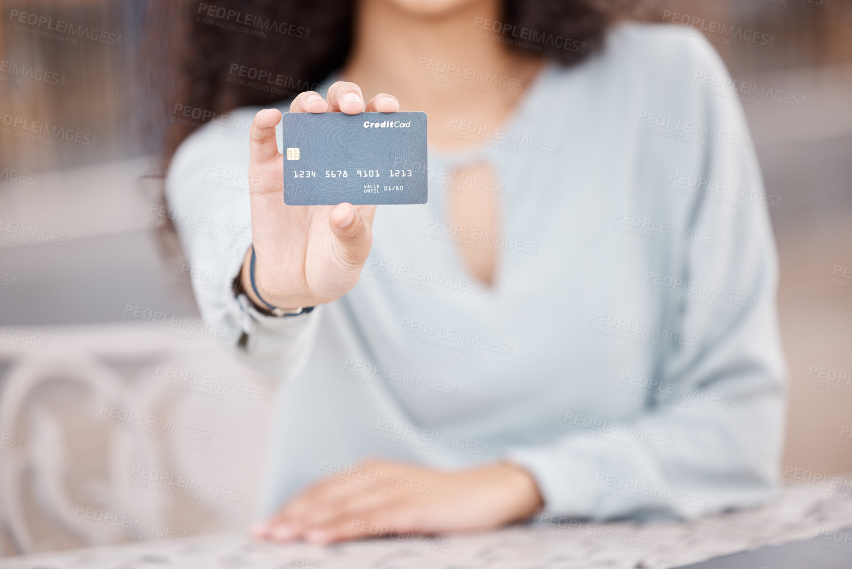 Buy stock photo Credit card, bank payment and budget money in savings. Woman holding card in hand, cash loan purchase and financial advisor in circular economy. Finance transaction, banking sale and debt interest