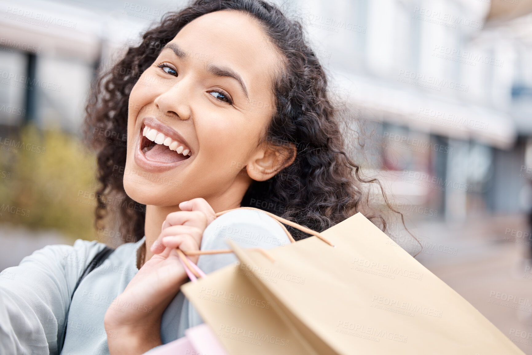 Buy stock photo Woman, smile with bags after shopping sale at retail store or shop in town mall. Female customer happy after retail therapy with gift bag in street after buying products at shopping centre in city