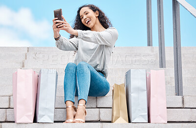 Buy stock photo Selfie, shopping and female influencer and blogger sitting outside with bags after a spending spree while on city stairs. Happy, consumer or customer live streaming fashion sale and promotion offer