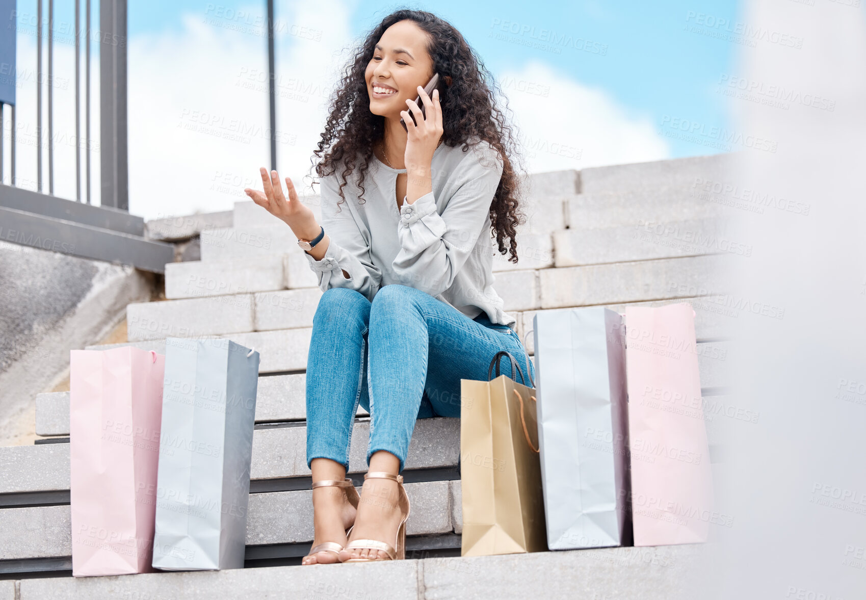 Buy stock photo Shopping bag, phone call and woman talking on mobile for customer service communication, fashion or happy feedback with 5g app. Beauty, telemarketing and girl with smartphone for ecommerce contact us