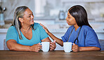 Black woman healthcare doctor with elderly patient talking for support, trust and help at nursing home. African medical volunteer, caregiver or girl care, conversation and communication with senior