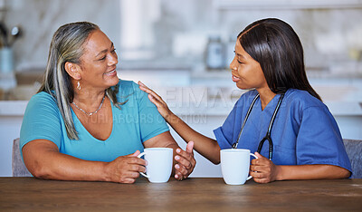 Buy stock photo Black woman healthcare doctor with elderly patient talking for support, trust and help at nursing home. African medical volunteer, caregiver or girl care, conversation and communication with senior