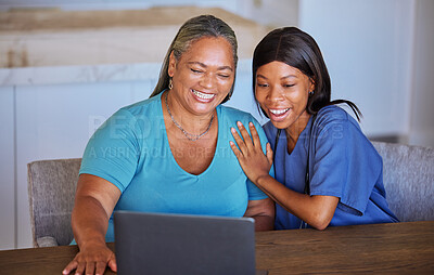 Buy stock photo Happy senior woman and caregiver with laptop excited over video call, news or streaming exciting movie. Wow, communication and elderly retirement black woman and nurse in online conversation at home