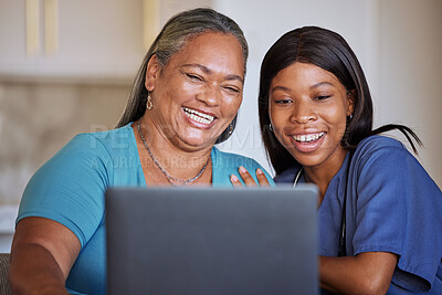 Buy stock photo Laptop, family and social media with a black woman and girl using internet or wifi in a home to browse online or make a video call. Email, computer and technology with a mother and daughter bonding