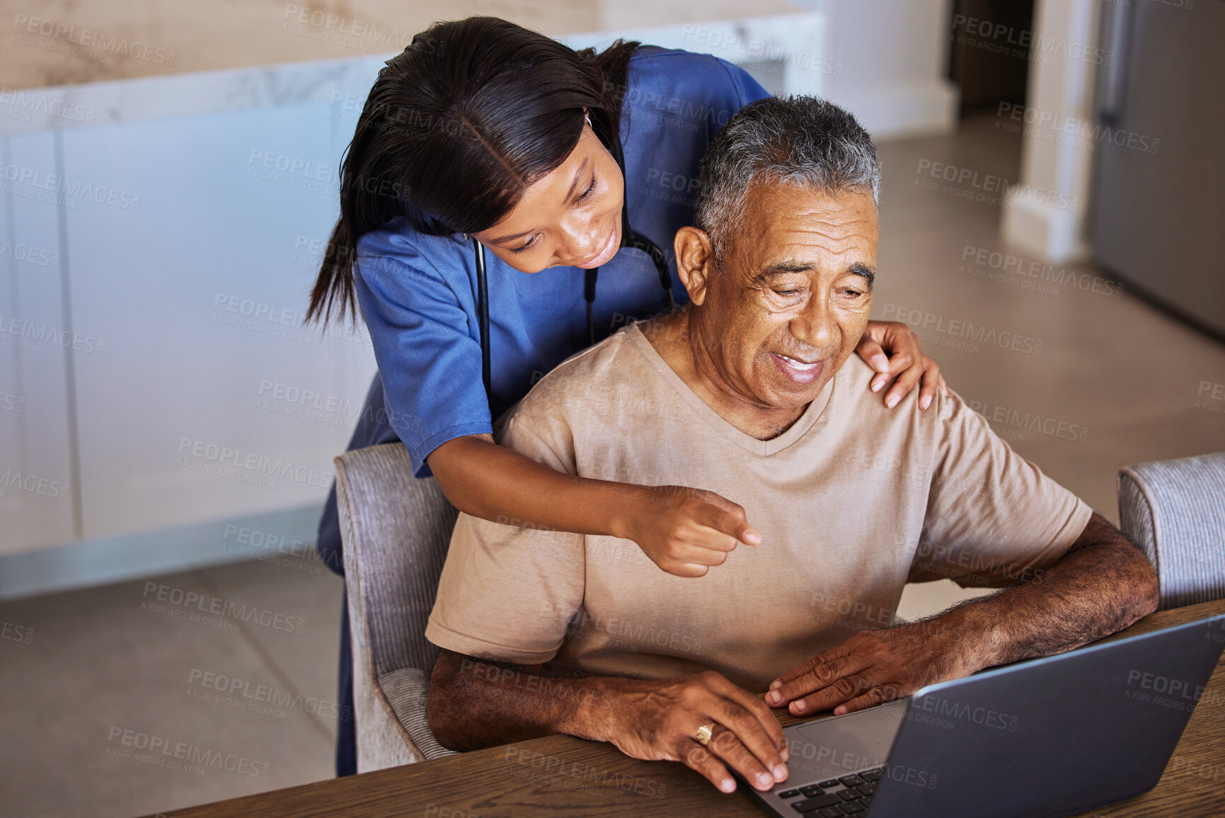 Buy stock photo Senior patient, laptop and caregiver or home nurse helping man with social media, communication and online review for nursing service. Support, care and healthcare with female medical aid or hospice
