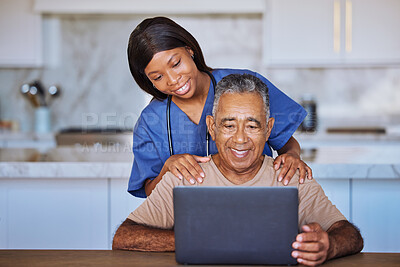 Buy stock photo Senior man, laptop and black caregiver or home nurse helping patient with social media, communication and internet browsing at home. Support, healthcare and medical aid or hospice with pensioner