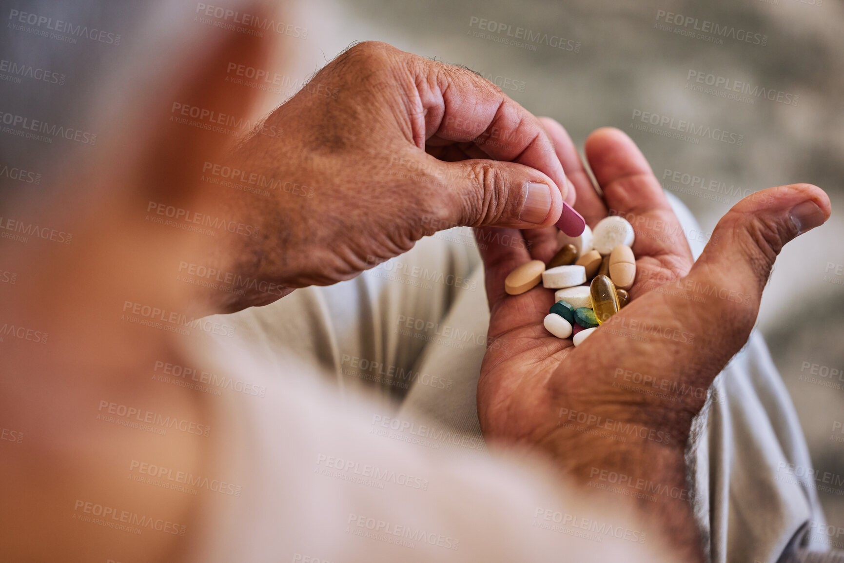 Buy stock photo Pills, medicine and healthcare of senior man taking daily capsules for chronic illness, cancer or health. Wellness, medication and sick elderl with medical drugs, vitamins or supplements in his hand