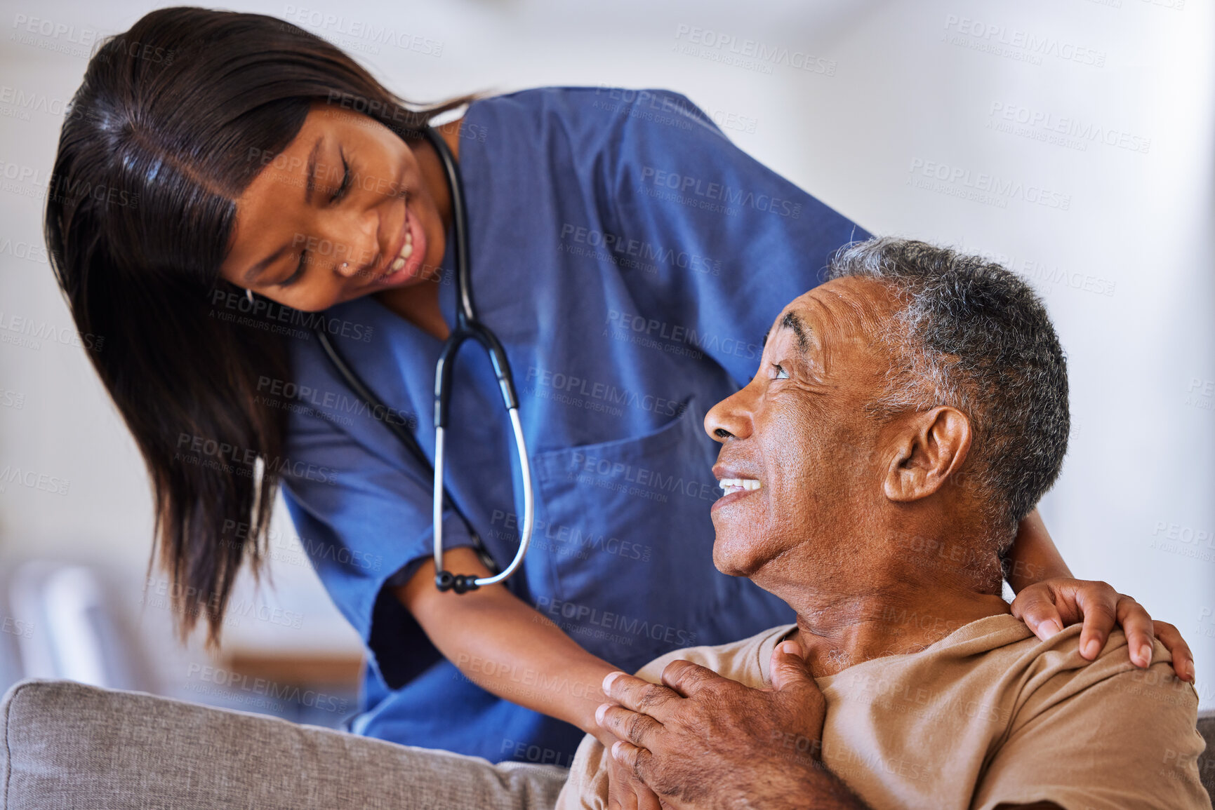 Buy stock photo Senior man, volunteer nurse or support caregiver help with elderly in medical nursing home. Smile, happy or trust community employee working healthcare charity in house interior living room