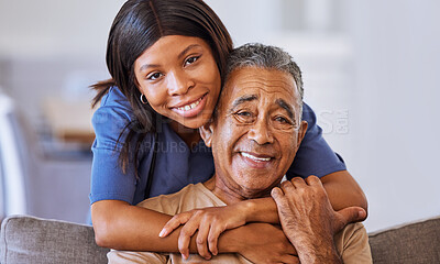 Buy stock photo Nurse hug, healthcare and senior man with medical support from doctor, consulting for health and happy in communication during retirement. Portrait of sick person with trust in worker in house