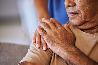 Buy stock photo Support, care and helping hands for an elderly patient during a consultation at a nursing clinic. Closeup of hope, trust and comfort from a woman caregiver consulting a senior man in retirement home 
